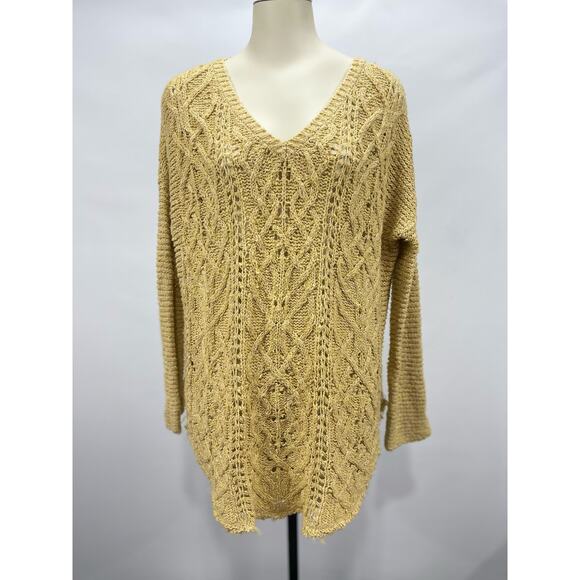 Free People Cross My Heart Oversized Sweater Womens Small Pale Gold Tunic Vneck - Picture 1 of 5